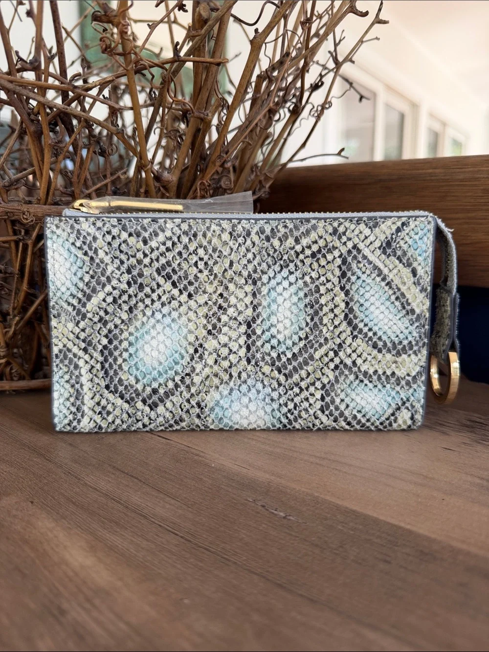 G.I.L.I. Snake-Print Zip Pouch Wallet in Light Blue and Beige
